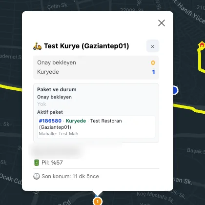 Kurye kartı: paket, pil yüzdesi ve son konum